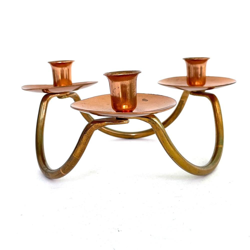 Vintage Coppercraft Guild Copper Brass Triple Taper Candle Holder MCM Modern